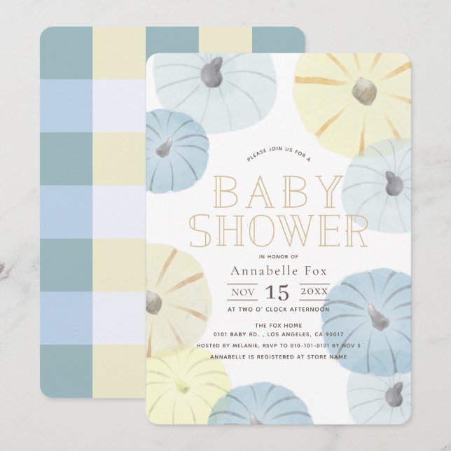 Invitación Baby Shower de Blue & Yellow Pumpkin Bo (Anverso / Reverso)