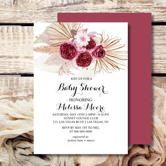 Invitación Baby Shower de Boho Burgundy Pampas (Subido por el creador)