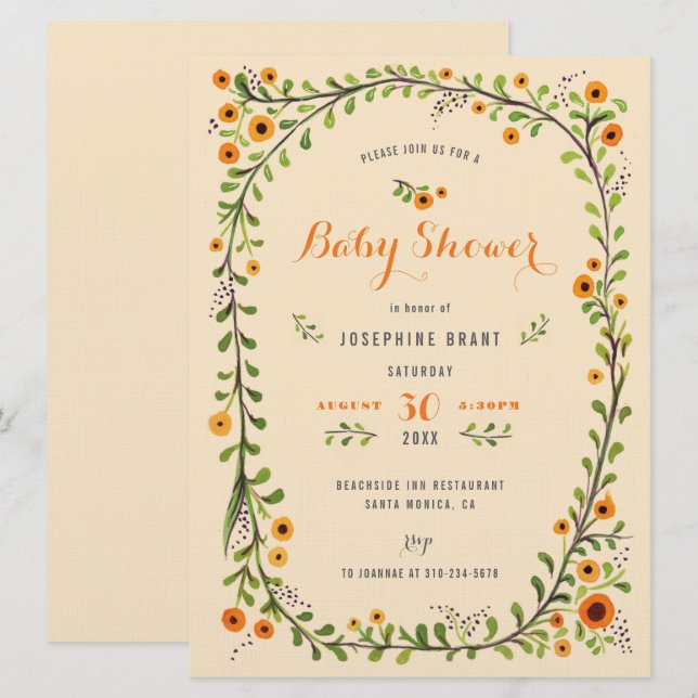 Invitación Baby Shower de Boho Floral de girasol pintado a ma (Anverso / Reverso)