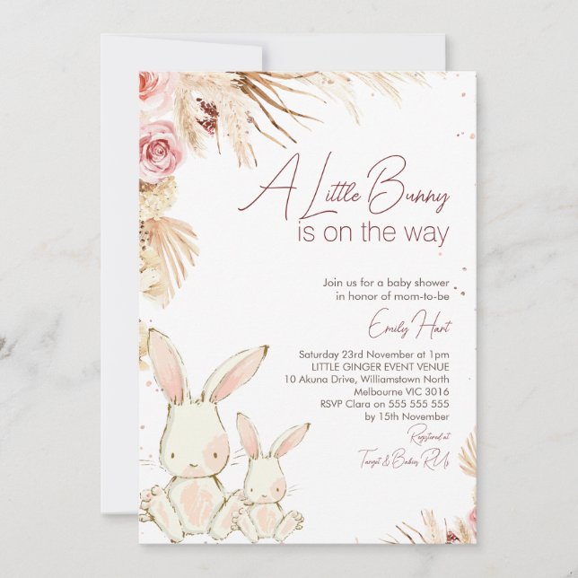 Invitación Baby Shower de Boho Floral White Bunny (Anverso)