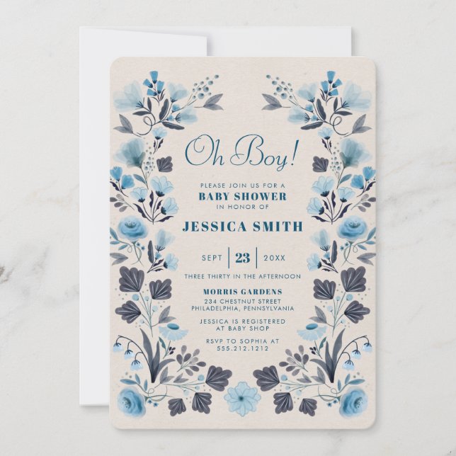 Invitación Baby Shower de Boho Folk Blue Boy moderno (Anverso)