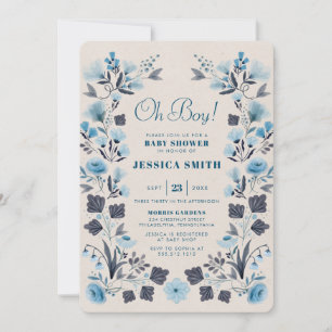 Invitación Baby Shower de Boho Folk Blue Boy moderno