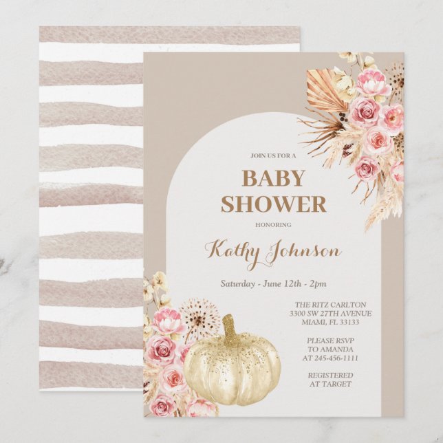 Invitación Baby Shower de Boho Pampas Grass and Floral Pumpki (Anverso / Reverso)