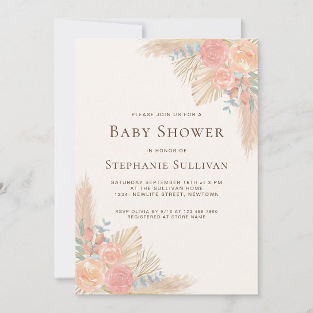 Invitación Baby Shower de Boho Pampas Grass Floral (Anverso)