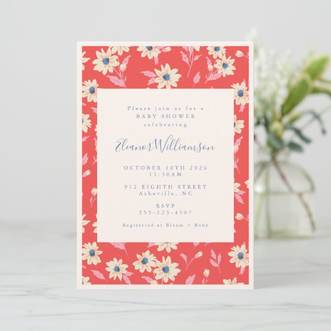 Invitación Baby Shower de Boho Red and Blue Floral (Anverso de pie)