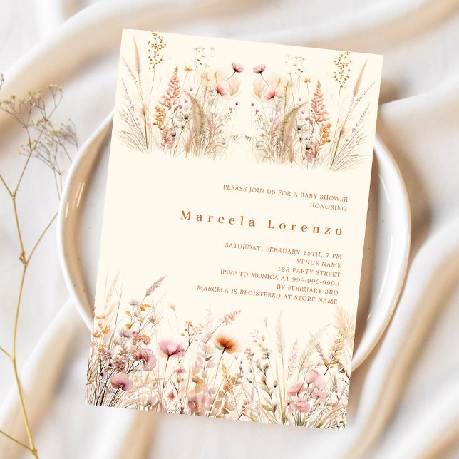 Invitación Baby Shower de boho rosa crema beige de flores sil (Subido por el creador)