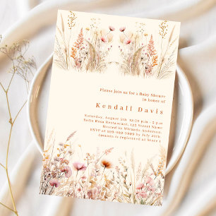 Invitación Baby Shower de boho rosa crema beige de flores sil