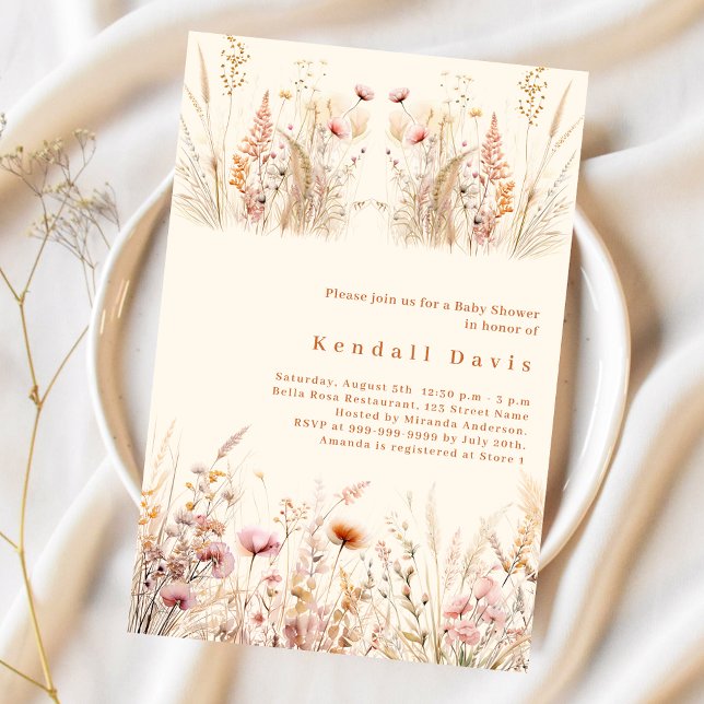 Invitación Baby Shower de boho rosa crema beige de flores sil (Subido por el creador)