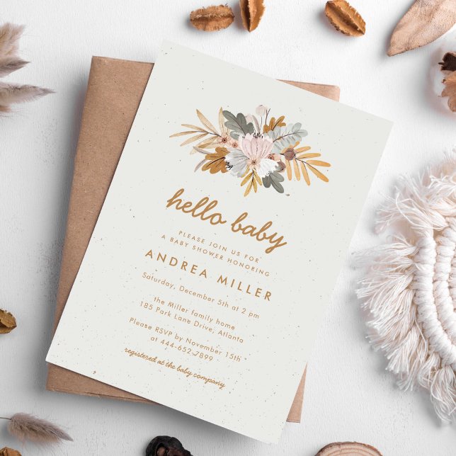 Invitación Baby Shower de Boho Rustic Neutral Wildflower (Boho wildflower baby shower invitation perfect for fall baby showers.)