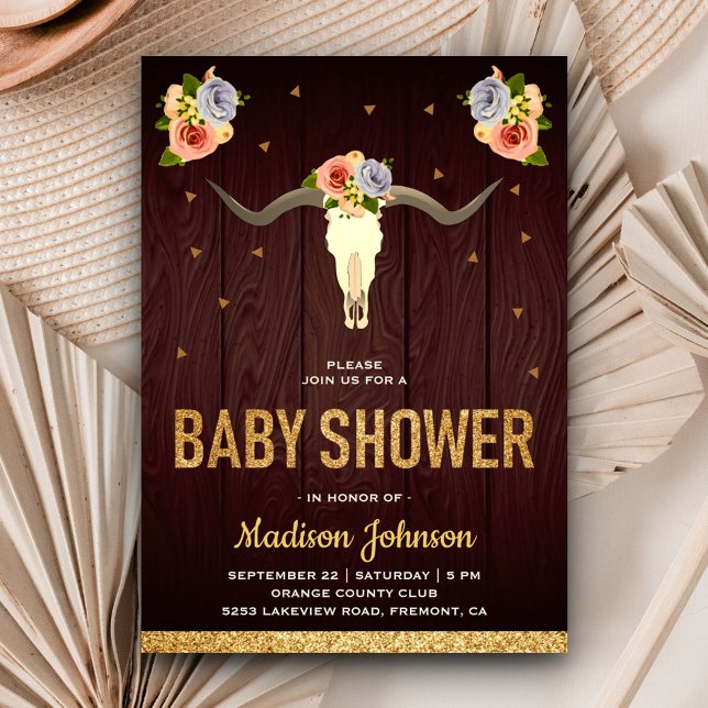 Invitación Baby Shower de Boho Tribal Floral Cow Skull (Subido por el creador)
