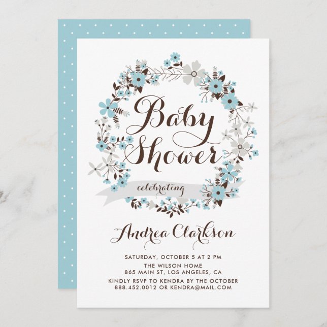 Invitación Baby Shower de bonito floral azul y gris (Anverso / Reverso)