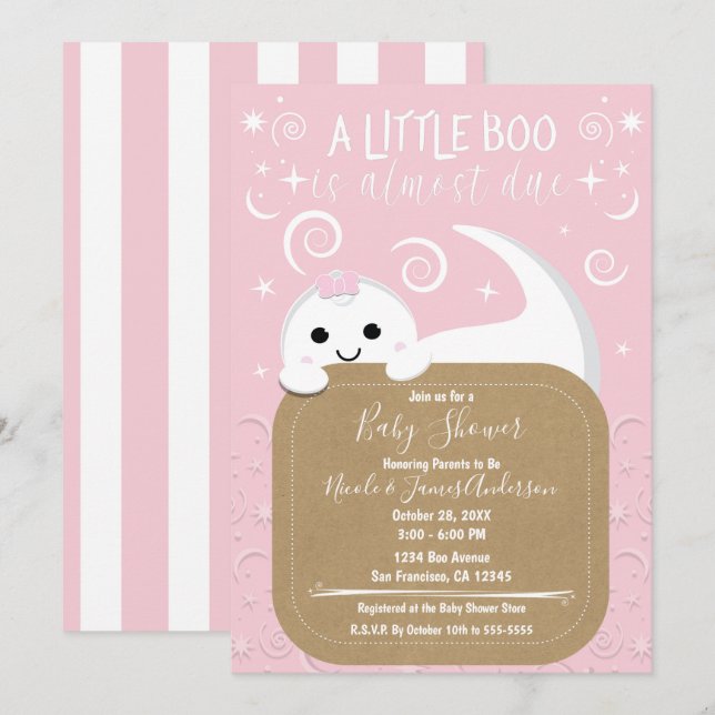 Invitación Baby Shower de boo de Halloween rosa fantasma de l (Anverso / Reverso)