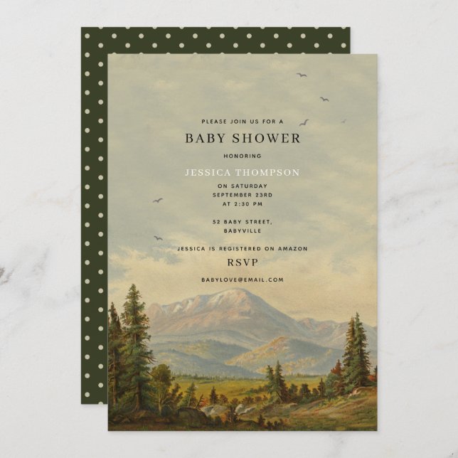 Invitación Baby Shower de bosque de pinos neutros de género (Anverso / Reverso)