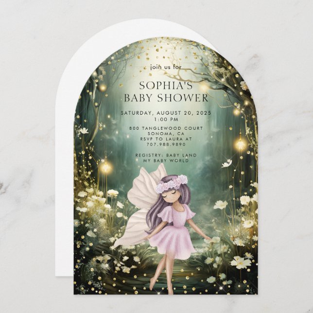 Invitación Baby Shower de bosque encantado de hadas (Anverso / Reverso)