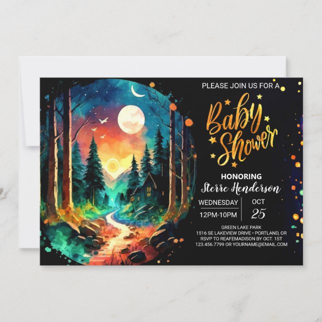 Invitación Baby Shower de bosque encantado de moda (Anverso)