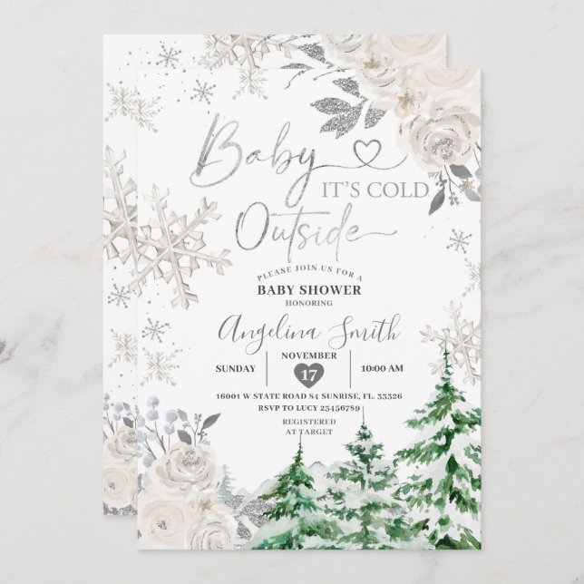 Invitación Baby Shower de bosque floral de copos de nieve bla (Anverso / Reverso)