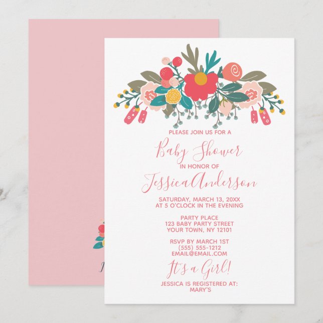 Invitación Baby Shower de Bouquet Floral Rosa (Anverso / Reverso)