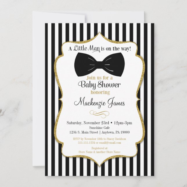 Invitación Baby Shower de Bow Tie Boy Black Gold (Anverso)