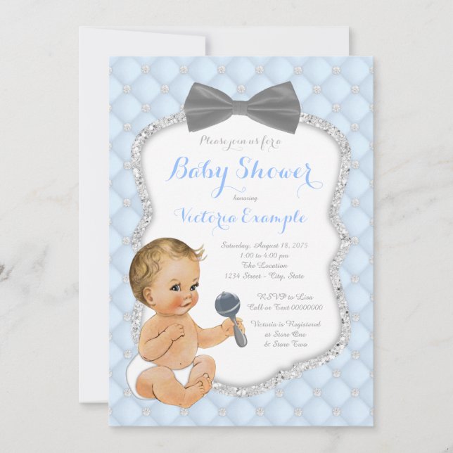 Invitación Baby Shower de Bow Tie Boy Bow Blue Silver (Anverso)