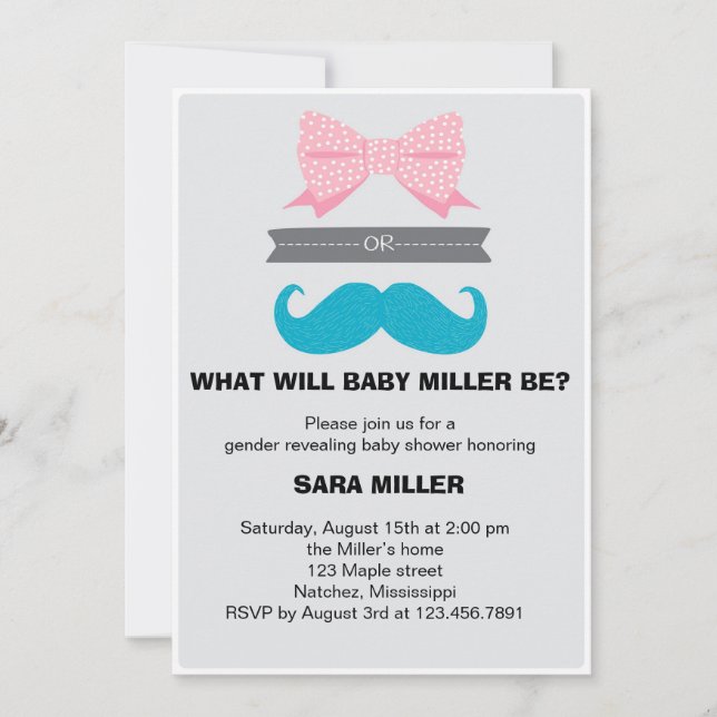 Invitación Baby Shower de Bows o Staches (Anverso)