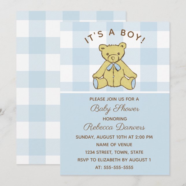 Invitación Baby Shower de Boy Bear Blue (Anverso / Reverso)