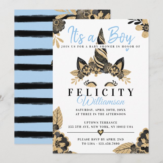Invitación Baby Shower de Boy Black Gold Unicorn (Anverso / Reverso)