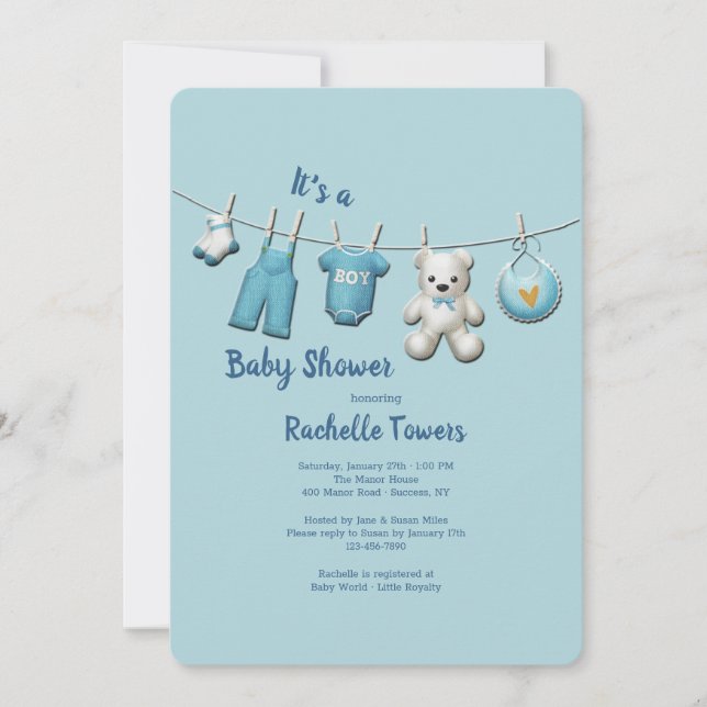 Invitación Baby Shower de Boy Clothesline (Anverso)