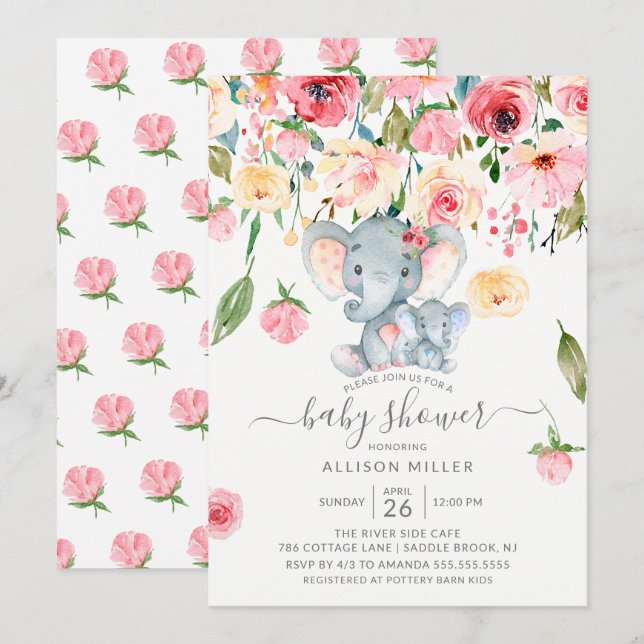 Invitación Baby Shower de Boy Elephant and Mom Pink Peonies (Anverso / Reverso)