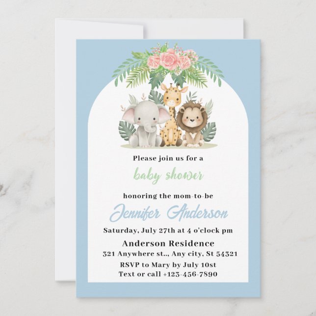 Invitación Baby Shower de Boy Safari Animals (Anverso)