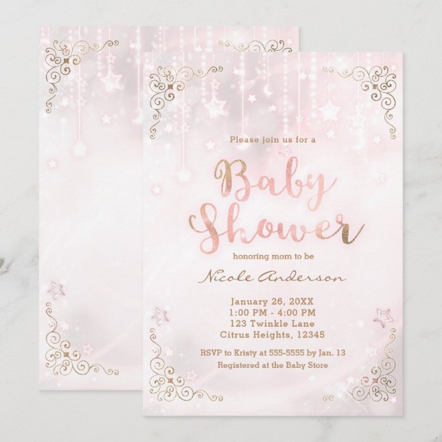 Invitación Baby Shower de brillo y brillo celeste de oro rosa (Anverso / Reverso)