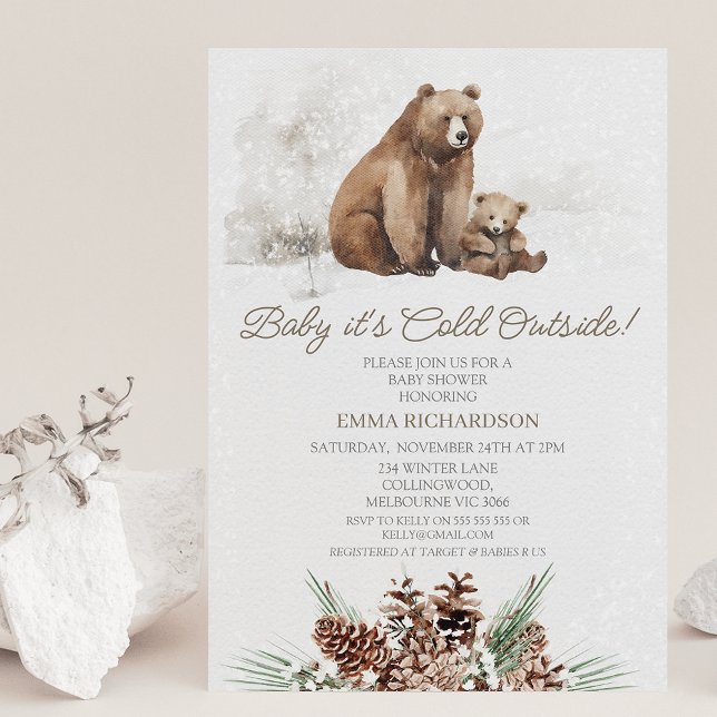 Invitación Baby Shower de Brown Bear Cub Winter (Brown bear and cub baby it's cold out there baby shower invitation great for a gender neutral shower)