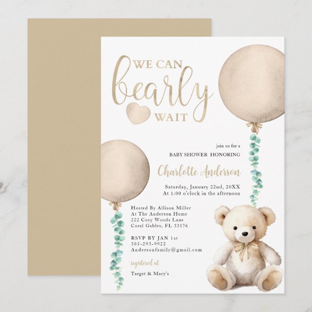 Invitación Baby Shower de Brown Bearly Wait (Anverso / Reverso)