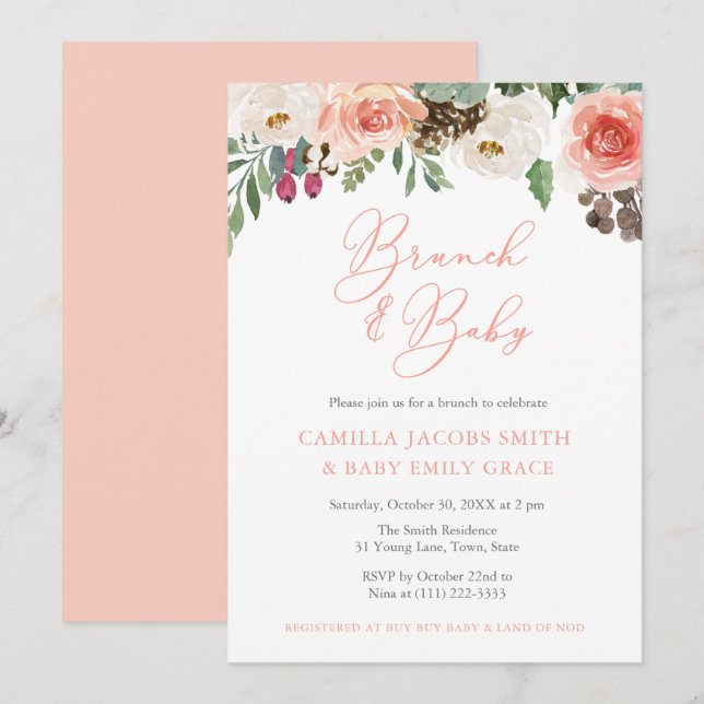 Invitación Baby Shower de Brunch de otoño floral de acuarela  (Anverso / Reverso)