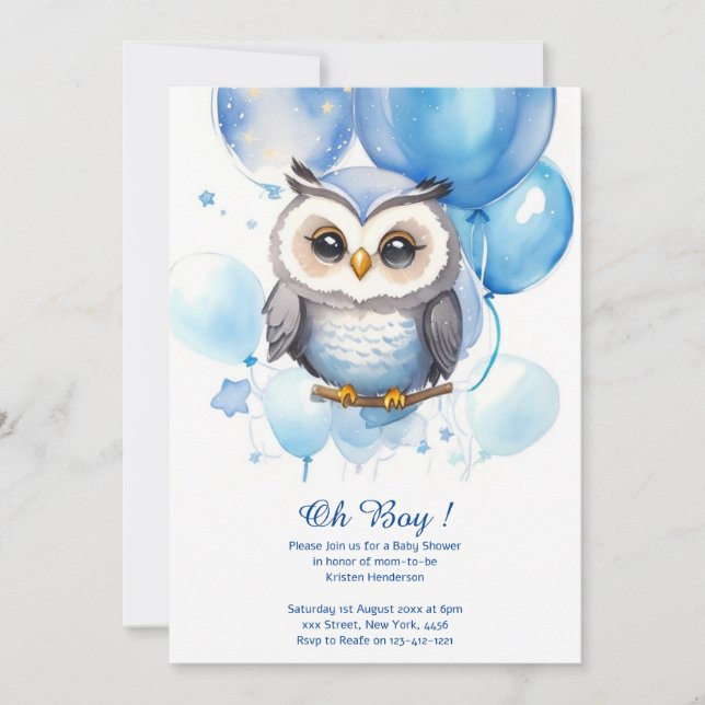 Invitación Baby Shower de búho acuarela (Anverso)