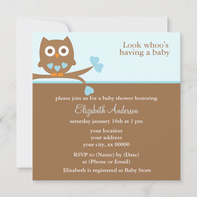 Invitación Baby Shower de búho azul (Anverso)