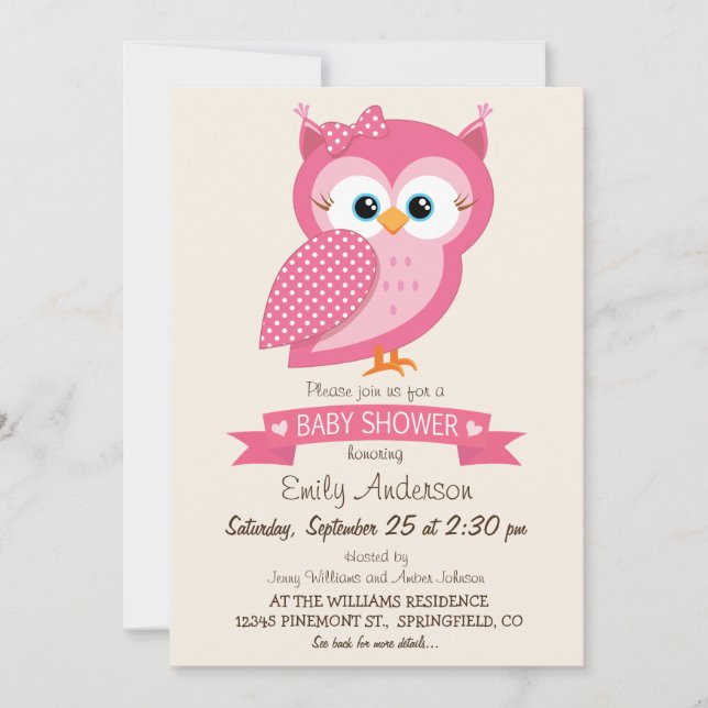 Invitación Baby Shower de búho de polka rosa y blanco (Anverso)