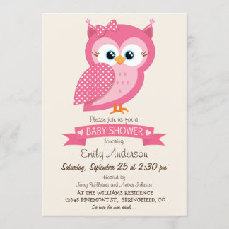 Invitación Baby Shower de búho de polka rosa y blanco