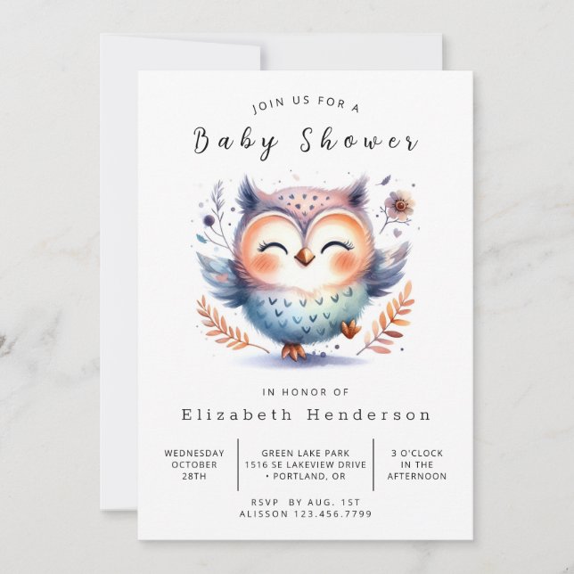 Invitación Baby Shower de búho digital acuarela (Anverso)