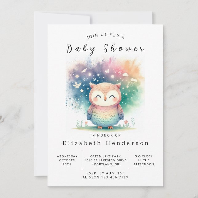 Invitación Baby Shower de búho digital ruso (Anverso)