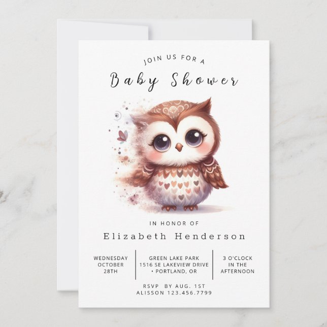 Invitación Baby Shower de búho digital simple (Anverso)