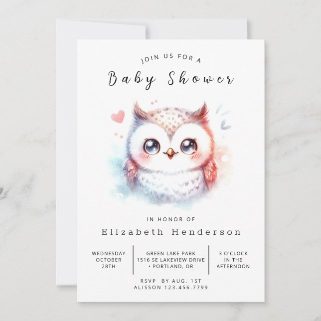 Invitación Baby Shower de búho digital único (Anverso)