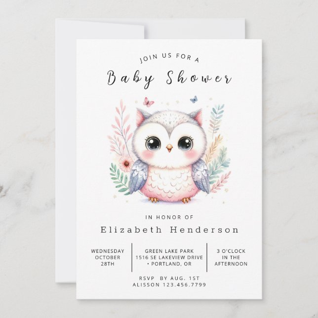 Invitación Baby Shower de búho editable de Whimsy (Anverso)