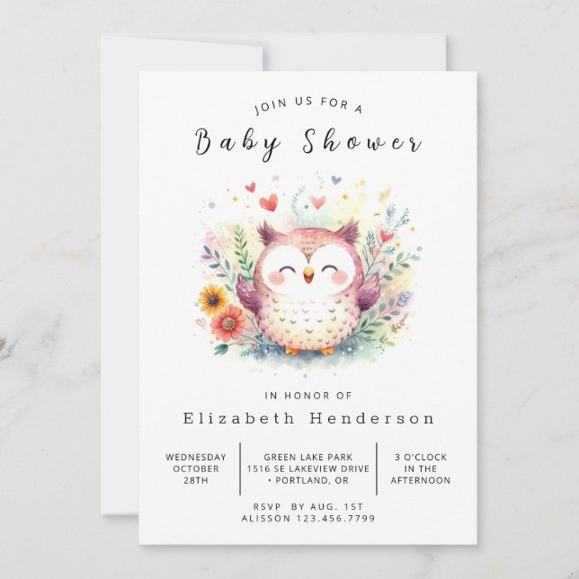 Invitación Baby Shower de búho editable en bosque (Anverso)