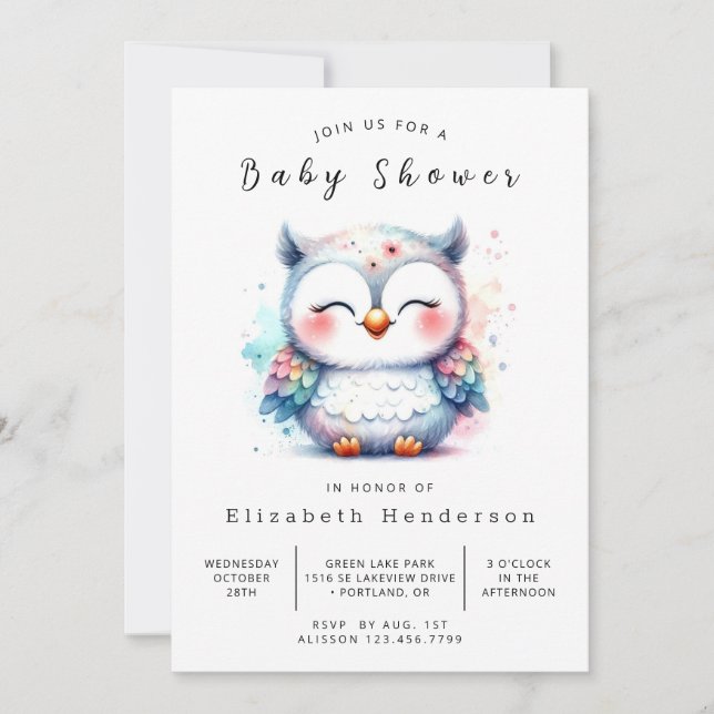 Invitación Baby Shower de búho editable encantado (Anverso)