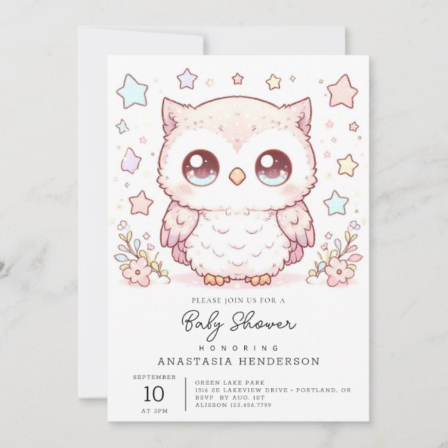 Invitación Baby Shower de búho encantado (Anverso)