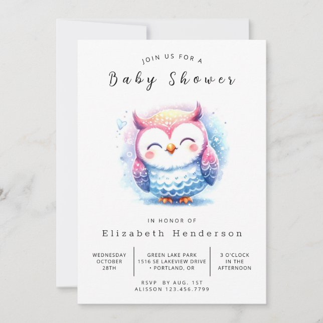 Invitación Baby Shower de búho impermeable (Anverso)