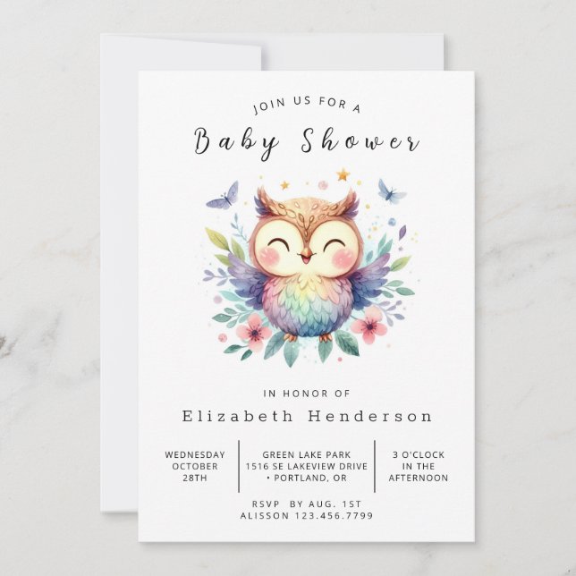 Invitación Baby Shower de búho impermeable (Anverso)