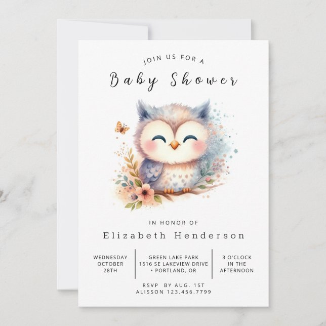Invitación Baby Shower de búho imprimible de bosque (Anverso)