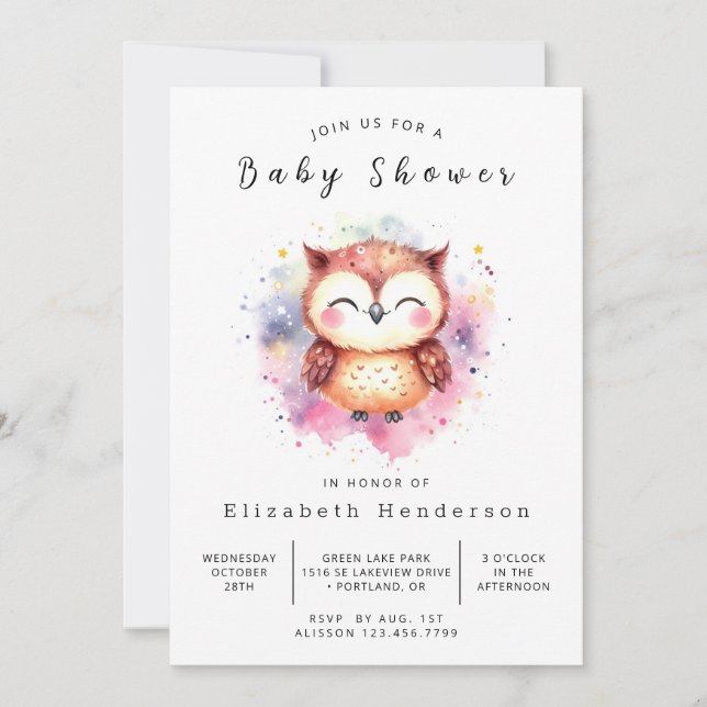 Invitación Baby Shower de búho imprimible de moda (Anverso)
