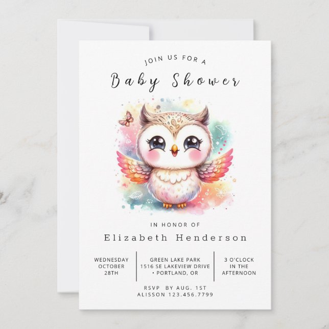 Invitación Baby Shower de búho imprimible moderno (Anverso)